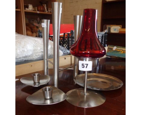 Old Hall stainless steel candle holders, a Campden triple candlestick designed by Robert Welch, candle holder with Whitefriar