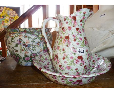 Floral decorated jug and basin and a modern Oriental fish bowl planter