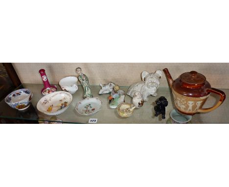 Long shelf of figurines, Doulton stoneware teapot and an Imari bowl