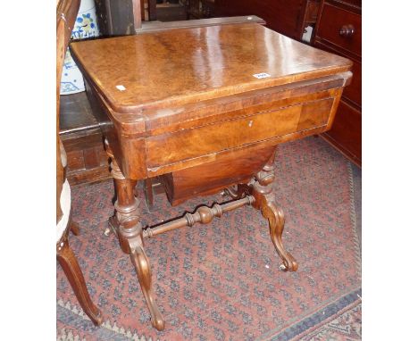 19th c. burr walnut work/games table, the foldover top having marquetry chess board, backgammon and cribbage, with single fri