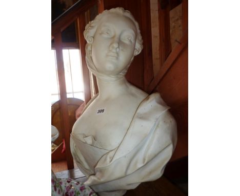 Large 19th century Parian ware bust of a young woman with scarf, approx 57cm high