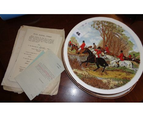 Paper ephemera relating to Eton College, c. 1940's, together with 8 china plates having hunting scenes decoration