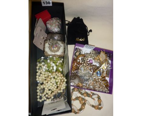 Two boxes of assorted vintage costume jewellery, small silver bangle, and a 1930's leather clutch bag