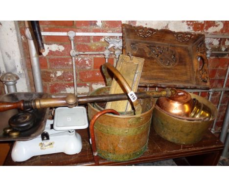 'The Queen' enamel kitchen scales, copper and brass coal bucket, preserve pan, brass rose sprayer