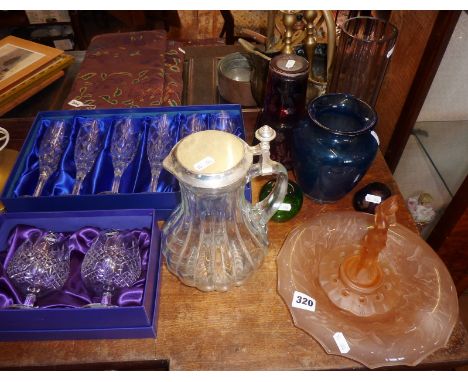 Collection of assorted glassware, including Art Deco frosted glass lady centrepiece, paperweight, claret jug, coloured glass 