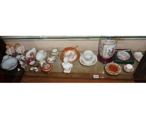 Shelf of miniature floral china items including Limoges, Chinese vases etc