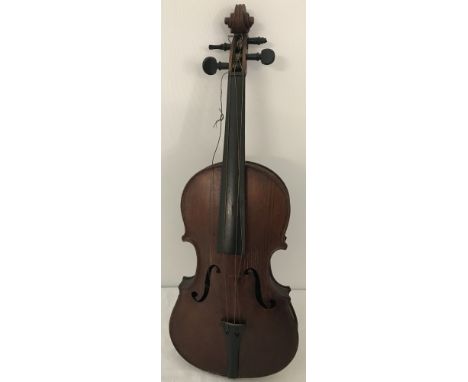 A vintage uncased wooden 1/2 size child's violin. In need of attention. 