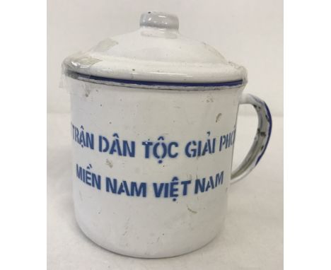 Vietnam War Era Vietcong enamel lidded rice cup. Dated 1968. Approx. 12cm tall.