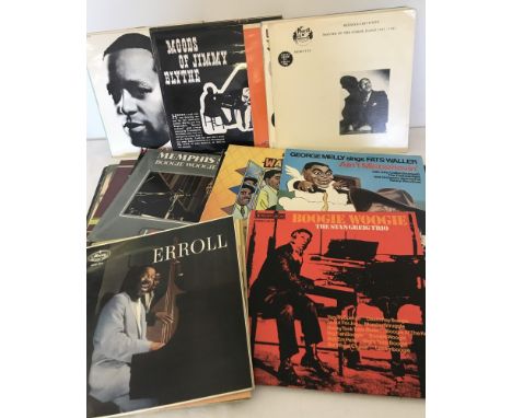 A box of vintage piano jazz and Boogie Woogie vinyl records. To include Jimmy Blythe, Memphis Slim, Sammy Price, Fats Waller,
