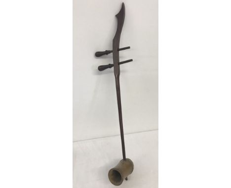 A vintage Chinese Erhu with rosewood stem and pegs and snakeskin covered bamboo bowl. Needs stringing, no bow. Approx. 80cm l