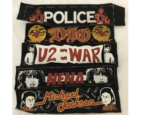5 vintage musical artist cloth badges. Comprising; Nena, The Police, Michael Jackson, U2 and Dio. Each patch approx. 6.5cm x 