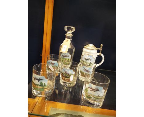 A pictorial decanter set depicting British WWII aviation scenes together with a similar limited edition Davenport tankard 'Sp