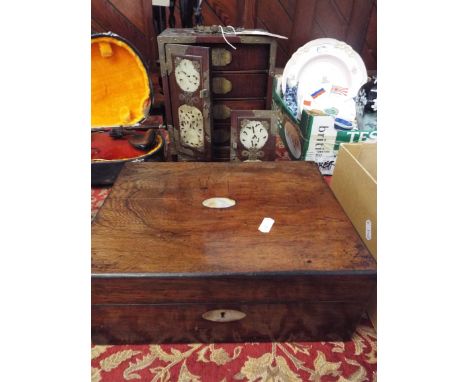 A Chinese hard-wood jewellery cabinet with Jade inset tablets and a rosewood jewellery box