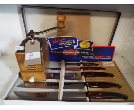 A vintage set of boxed Richards Cutlery 8013 five piece Household Set and a Zassenhavs vintage coffee grinder