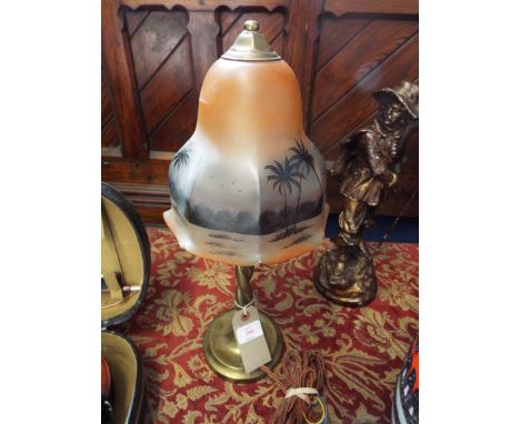 A brass barley-twist table lamp with an Art Deco glass shade 