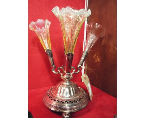 An early 20thC silver-plated four branch Epergne with uranium and cut glass trumpets  