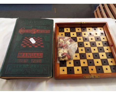 A Jaques of London in Status Quo fiddle-back travelling chess set (three red pawns, two white and one white knight missing), 