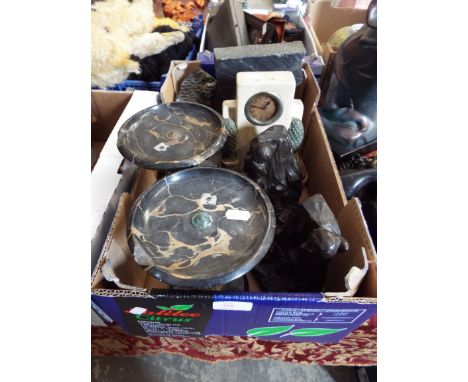 A pair of Art Deco plaster figural bookends, an art deco figural mantle clock, a slate mantel clock etc 