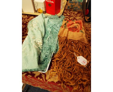 A good quality art deco green fringes shawl and a brown fringed shawl