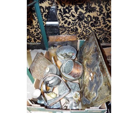 A quantity of silver-plate and metalware to include tea-pot, Russian plaques, sundial, trinket boxes etc 