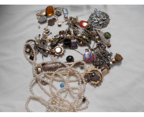 A small selection of assorted costume jewellery, watches and enamel badges plus 3.7 grams of scrap 9ct gold