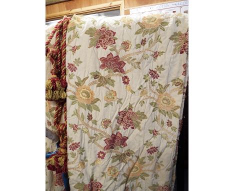 Three pairs of heavily lined floral embroidered curtains 