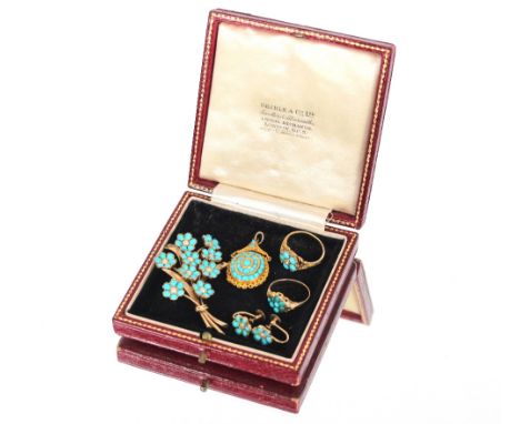 A yellow metal turquoise set flower brooch, approx. 12gms total weight; a pair of matching 9ct gold ear-rings, approx. 2.4gms