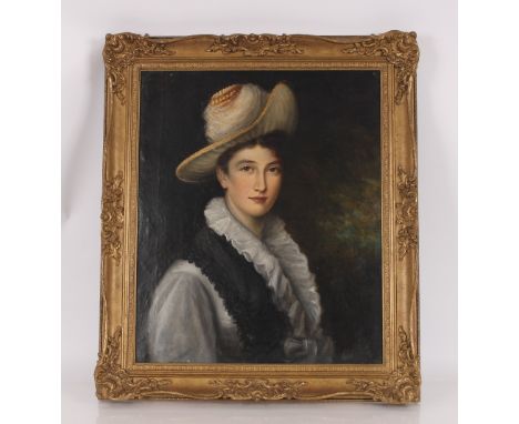 H Leslie portrait study of a young lady in fancy hat and cloak, signed, oil on canvas, dated 1876, 61cm x 50cm