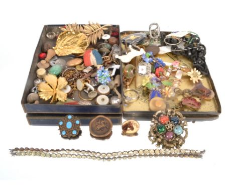 A jewellery box with initials S B; a shaped leather trinket box and two boxes of various jewellery to include bead necklaces;