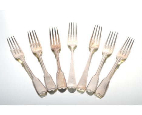 Three George IV silver fiddle patterned table forks by Burrage, Davenport.  A pair of George IV silver French style forks by 
