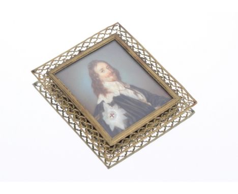 A Laluois miniature portrait study King Charles I contained in a pierced brass frame