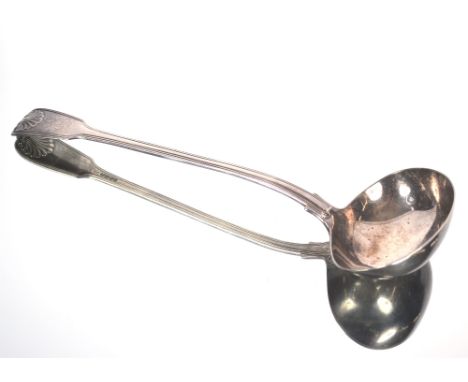 A William IV fiddle, thread and shell pattern soup ladle, maker Mary Chawner, bearing crest of Admiral Lord Cockron, London 1