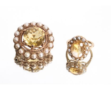 A yellow metal pearl and citrine set brooch, 16gms, 3cm dia. overall with similar yellow metal pearl and citrine ring having 