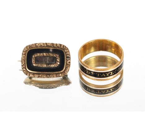 A yellow metal and enamel decorated memorial ring Robert Taylor OB, 17th December 1798 and a yellow metal memorial brooch ins