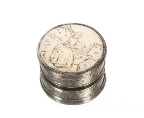 A late 18th / early 19th century white metal and mother of pearl inlaid patch box decorated with a figure of a lady and anima