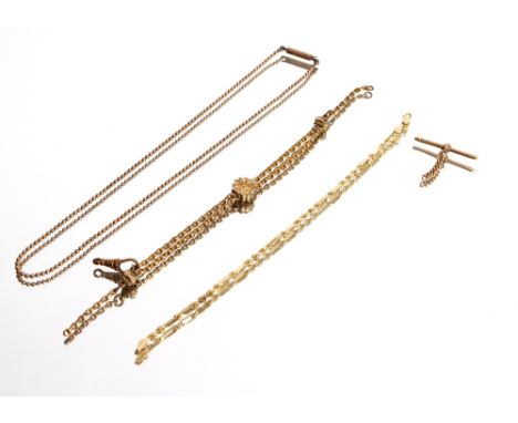 A yellow metal bracelet, marked 14k, 4.5gms; a 9ct gold T-bar, 2gms; a yellow metal necklace with barrel clasp, 4gms; section