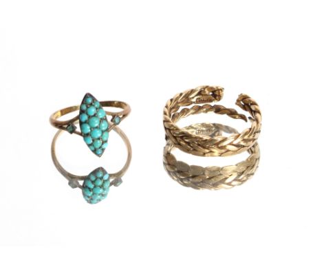 An 18ct gold ring AF, approximately 4.5gms and a 9ct gold and turquoise stone set ring, approximately 1.5g, ring size N