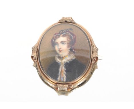 19th century school portrait miniature of a lady in fur coat and pearls contained in a brooch pendant frame