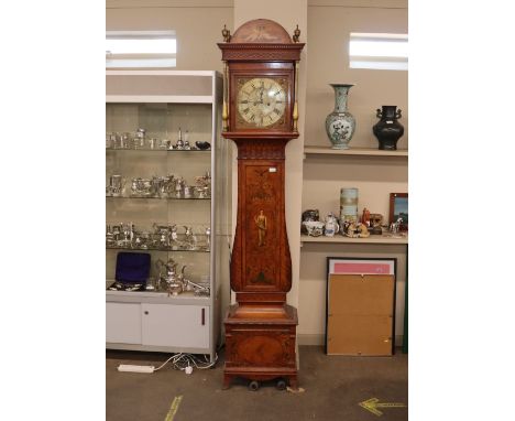 A late 19th century satinwood longcase clock, having inlaid and painted decoration of classical maiden, urns and garlands.  T