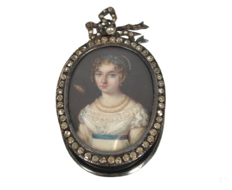 19th century School portrait miniature study of a young girl in lace dress with pearl head dress, necklace and earrings, blue
