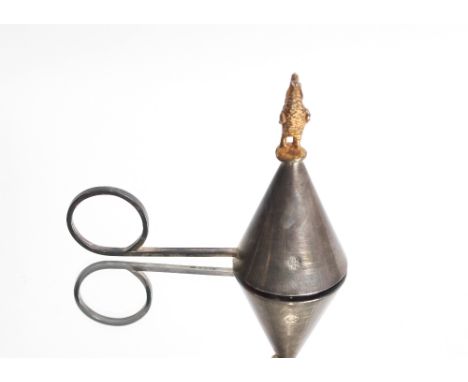A small modern silver candle snuffer with gilt cockerel decoration and loop handle, hallmarked for the year 2000