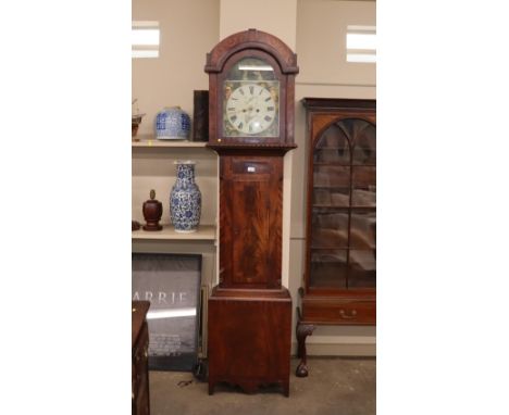 A mahogany chequer banded and cross banded longcase clock with arched hood, enclosing a painted dial decorated with the seaso