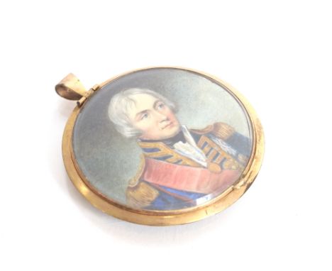 A 19th century double portrait miniature depicting Lord Nelson and Lady Hamilton verso in yellow metal pendant frame, 5.8cm d