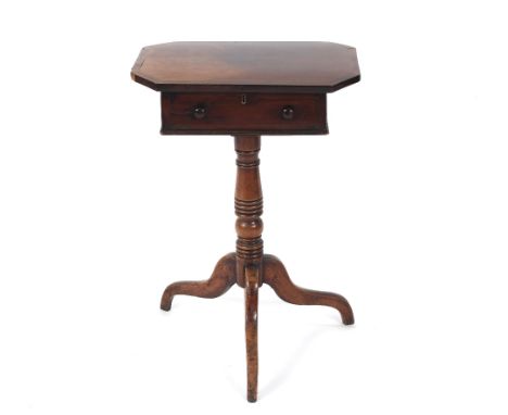 A Victorian mahogany sewing table, having octagonal lifting top, raised on ring turned baluster column and tripod base, 47cm 