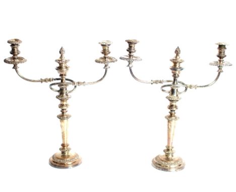 A set of four 19th century plate on copper candlesticks with raised foliate decoration, Campana shaped sconces on circular st