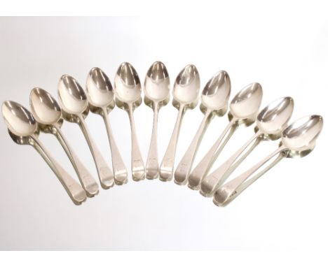 Eleven George III silver old English pattern dessert spoons, London 1799, 11oz