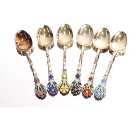 A set of six silver and floral enamel decorated coffee spoons, Birmingham 1929