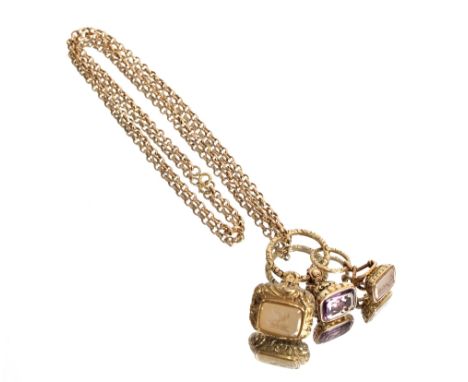 Three yellow metal fob seals on split ring suspension loop and hung to 9ct gold belcher link chain, overall total weight appr