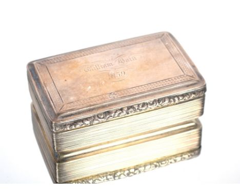 A George IV silver snuff box by Thomas Shaw.  The lid inscribed William Bane 1859.  Gilded interior with foliate decoration t