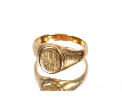 A yellow metal ring, marks rubbed, engraved initials S H M B, approx. 5.5gms total weight